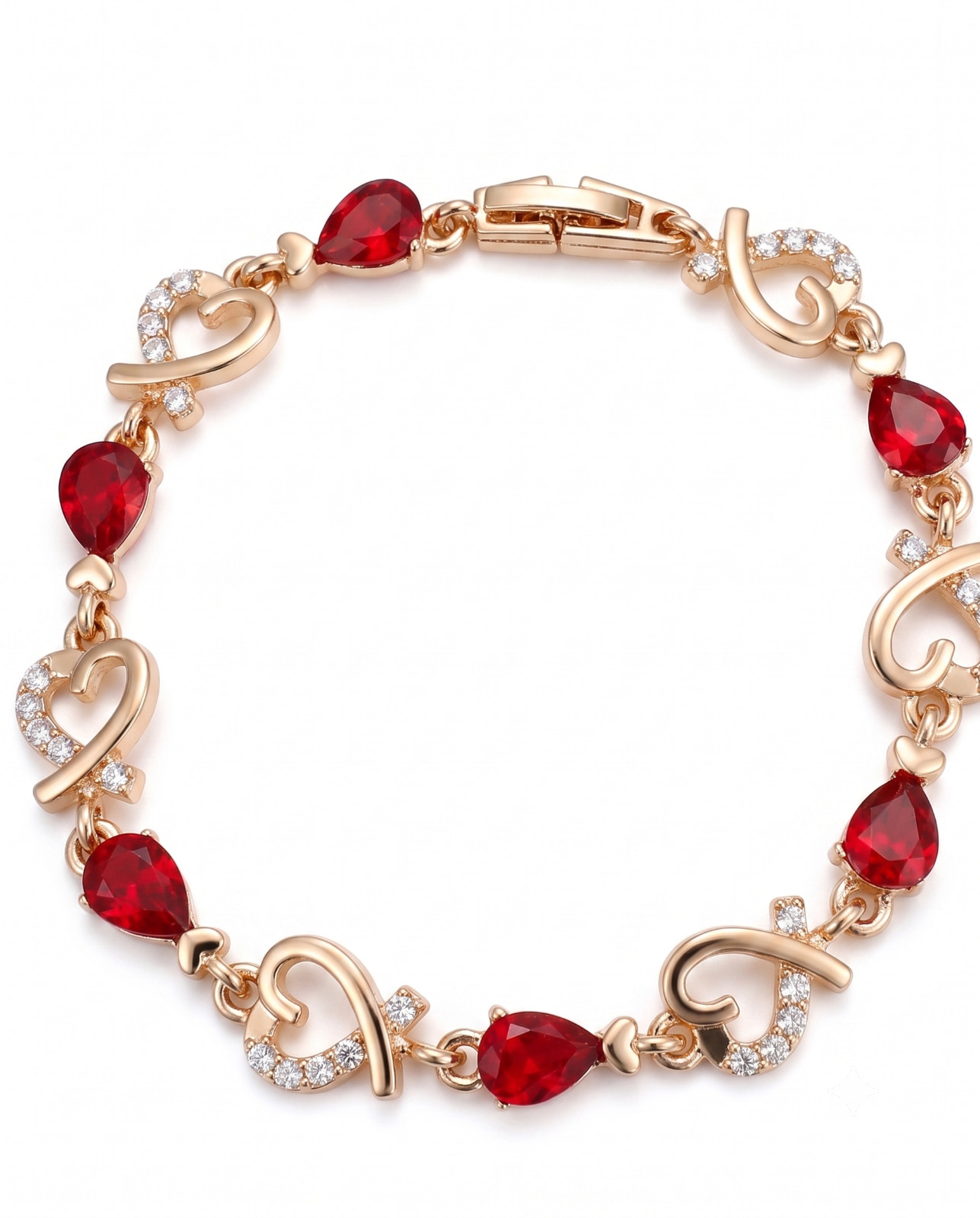 Gold Red Heart Diamante Jewel Link Bracelet Womens Jewellery Elegant UK Seller