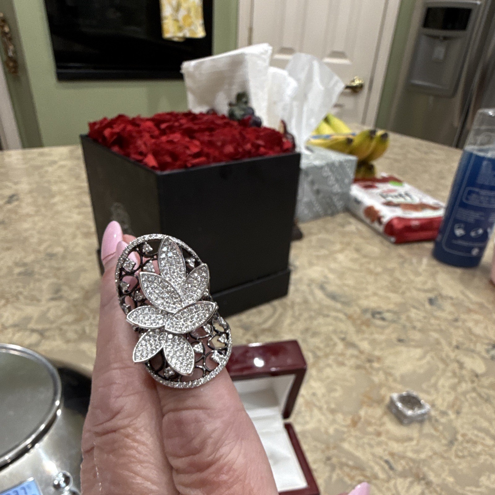 925 Sterling Silver Diamond Flower Cocktail Ring White/Colorless Stone
