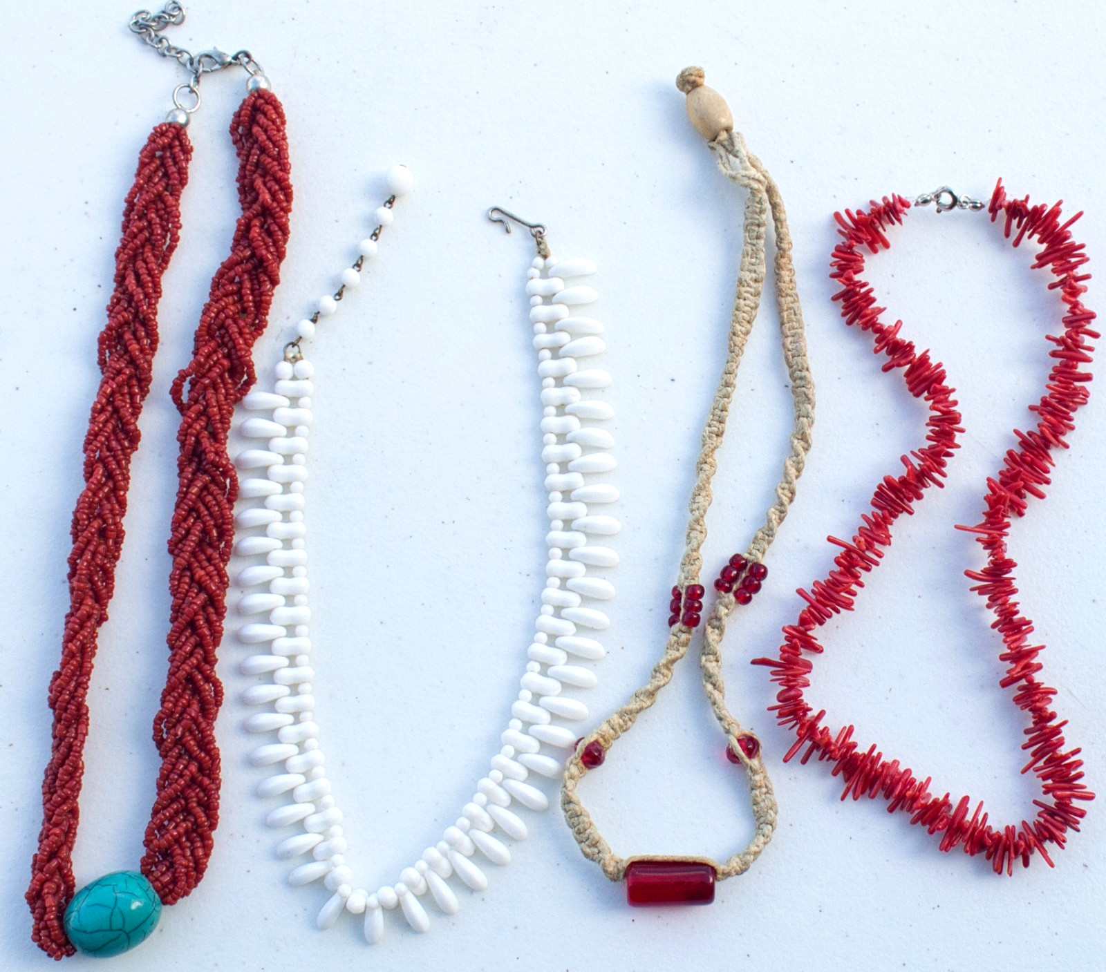 Lot of 4 Barn Red and White Glass Bead necklaces