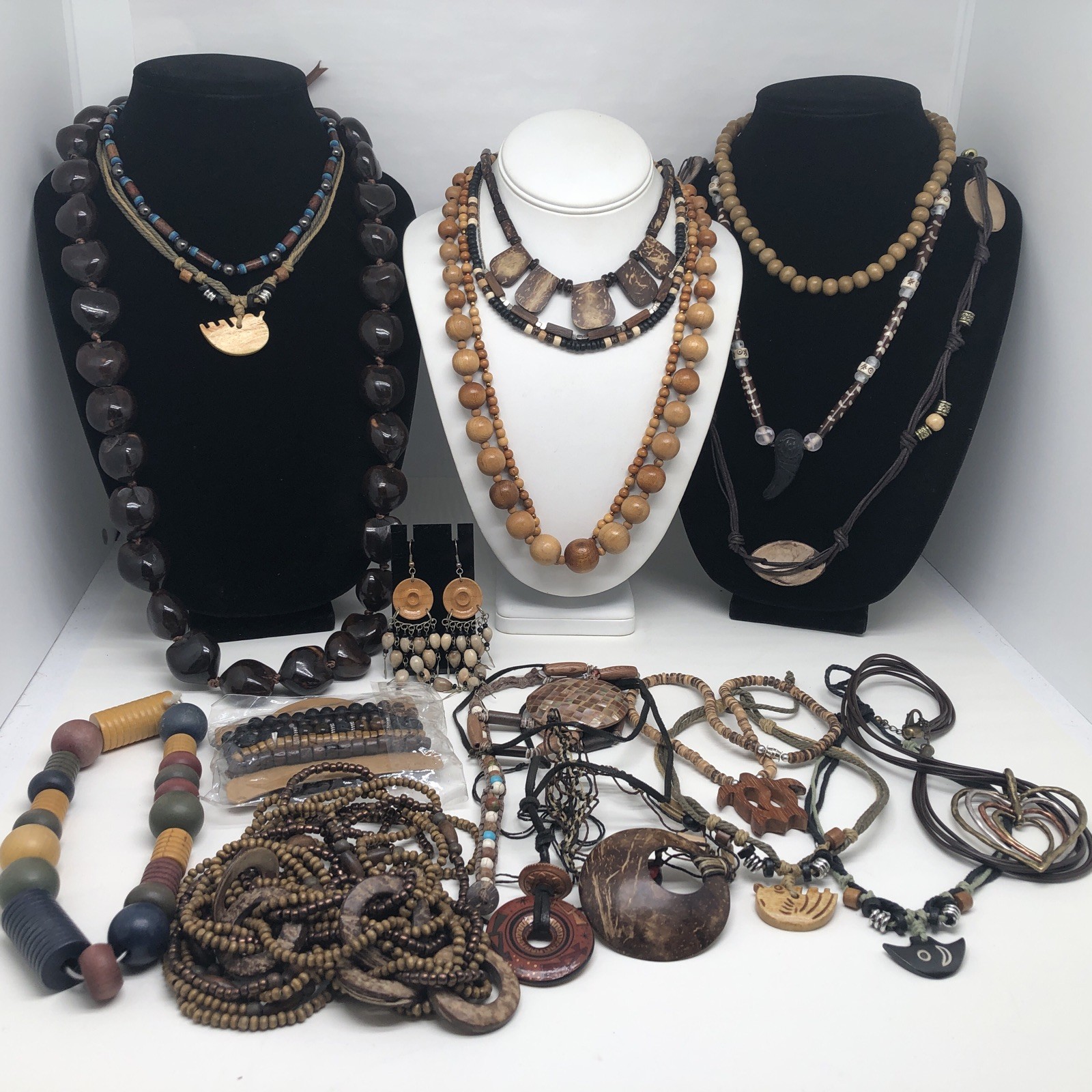 Earth Tone Boho Brown Wood Beaded Jewelry Lot Necklace Bracelet Earring