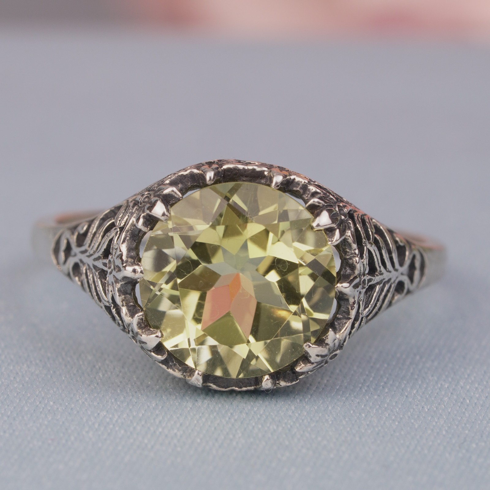 Silver925 Natural Lemon Quartz Vintage Filigree Ring