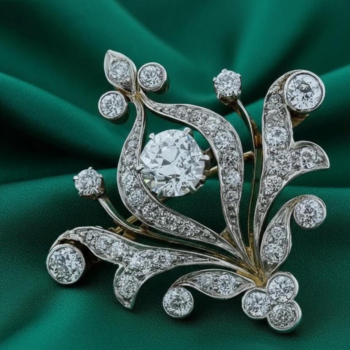 Diamond Moissanite Cluster Set Women’s Brooch Pin 14K Two Tone Gold Plated