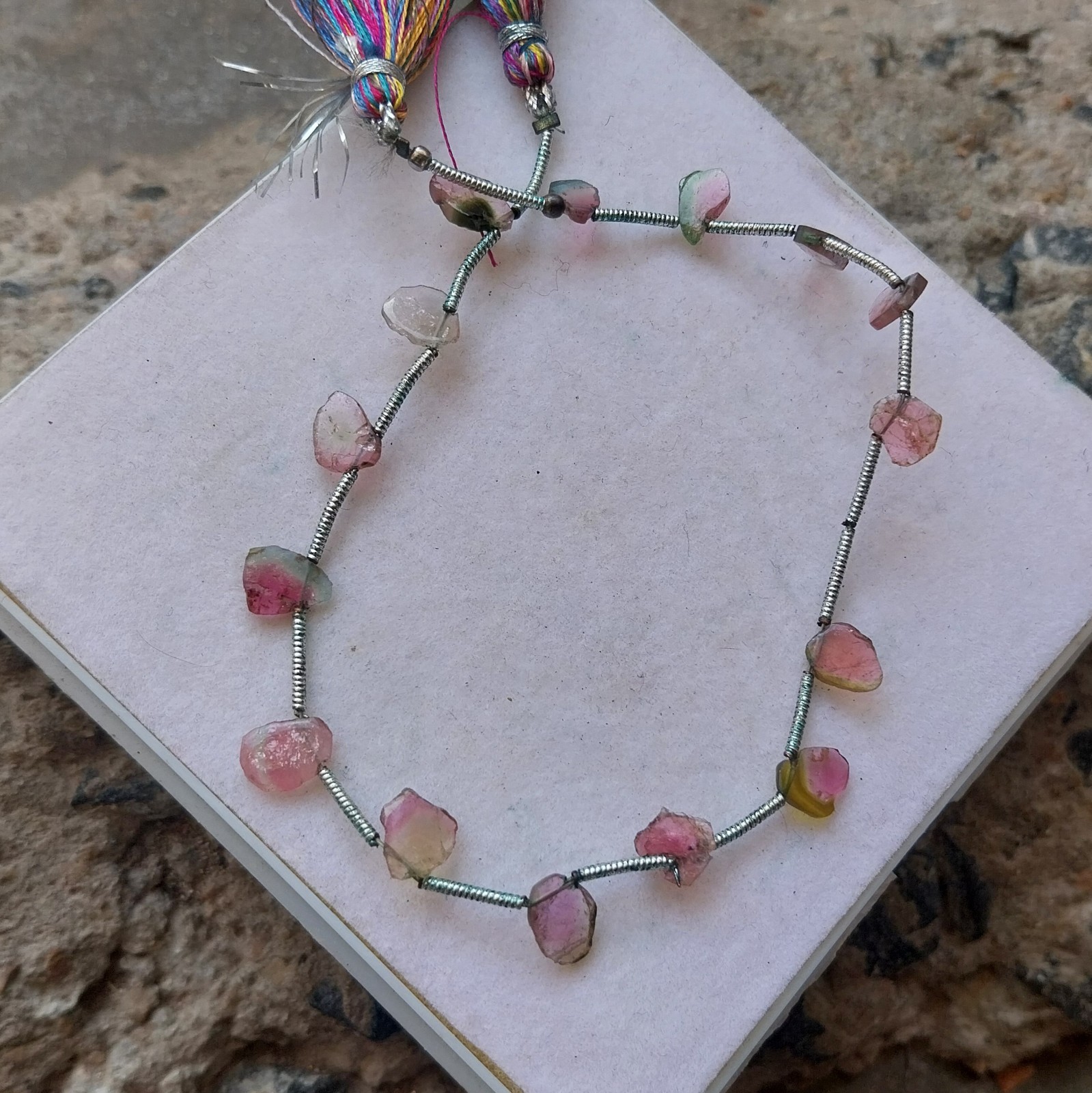 15 Carat Natural Watermelon Pink Bi-Color Tourmaline Slice 8 Inch Necklace