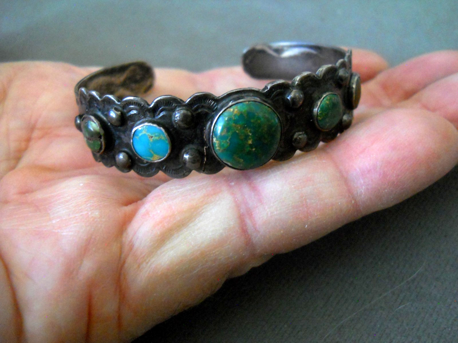 Old Fred Harvey Navajo Cerrillos Turquoise Sterli Silver Cuff Bracelet Stampwork