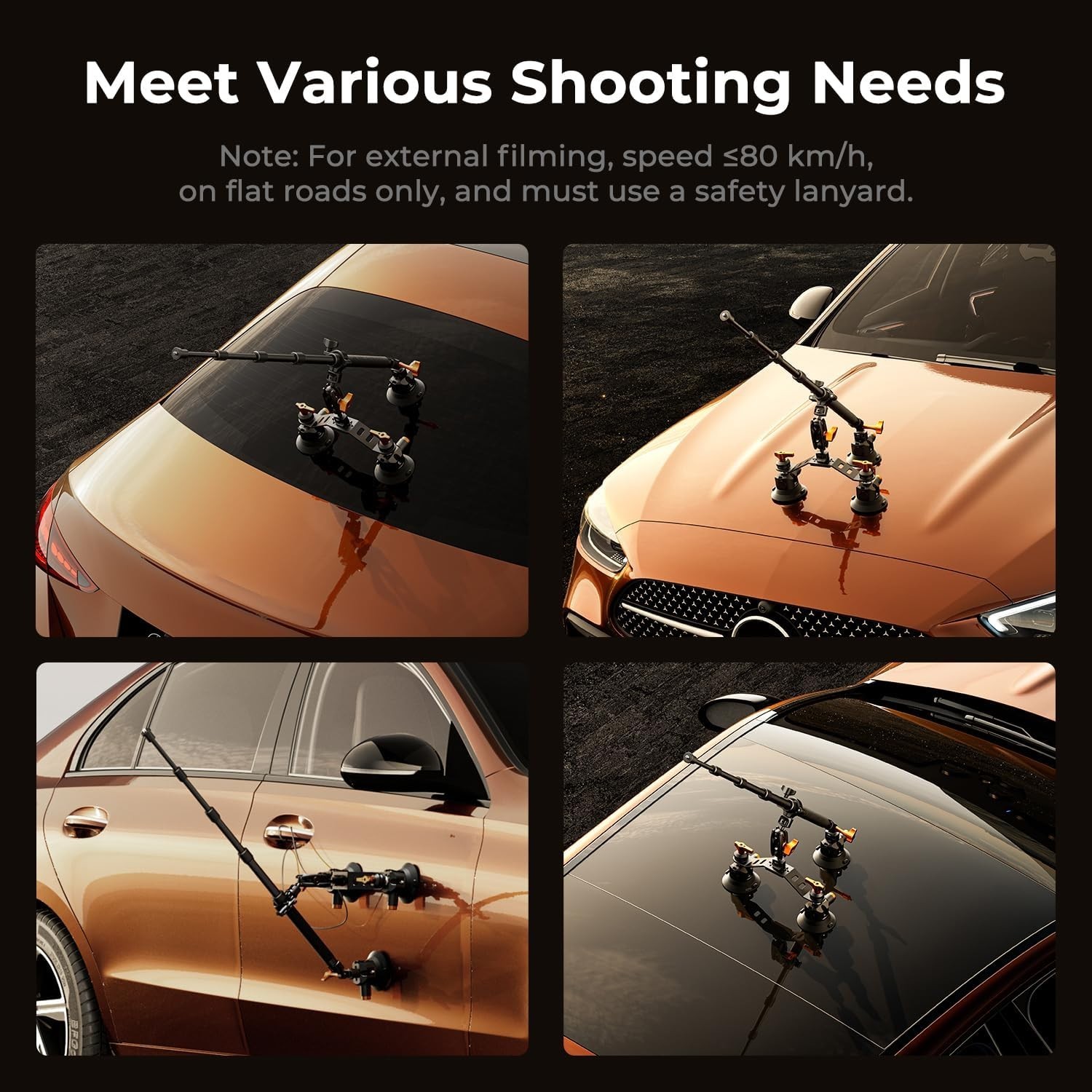 Triple Suction Cup Car Mount for Camera, Heavy Duty 3-in-1 Kit with 15° Curved