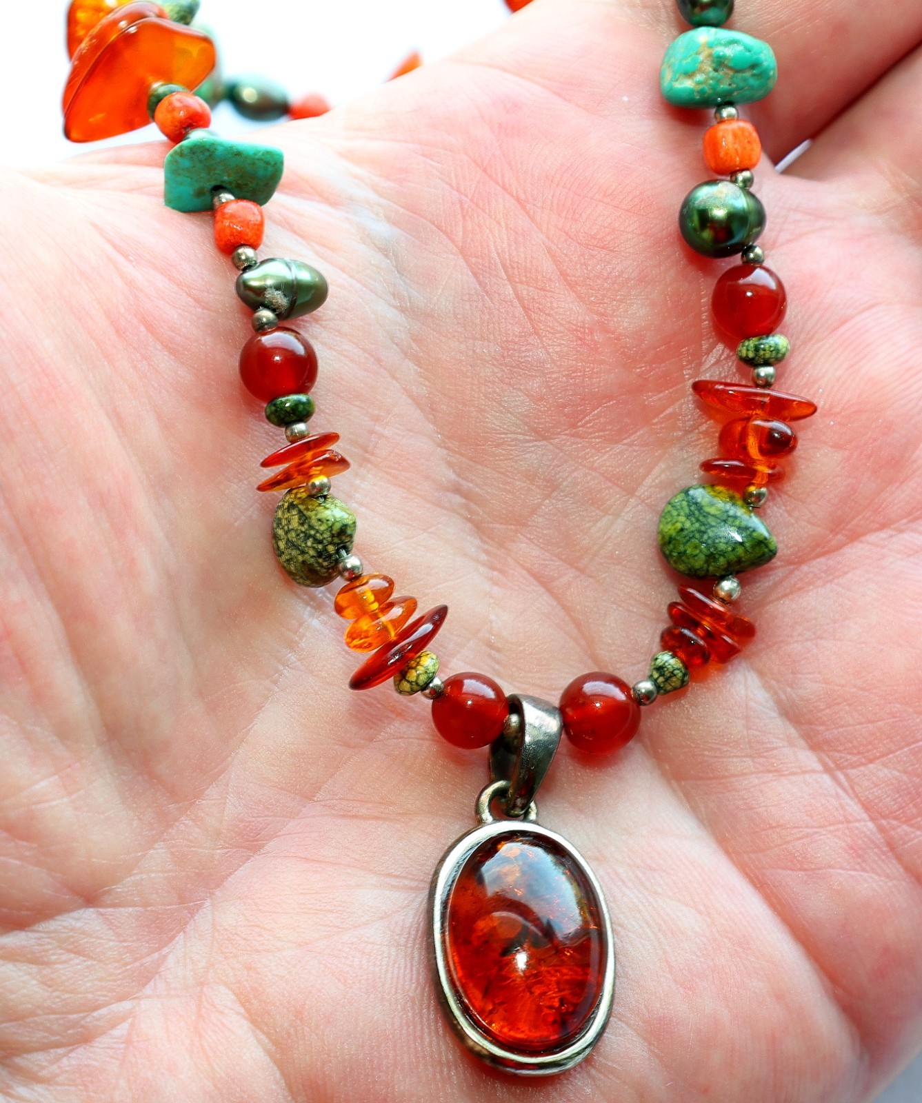 BARSE Necklace Amber Beads Sterling Pendant Turquoise 925 Silver Beaded THAI 20″