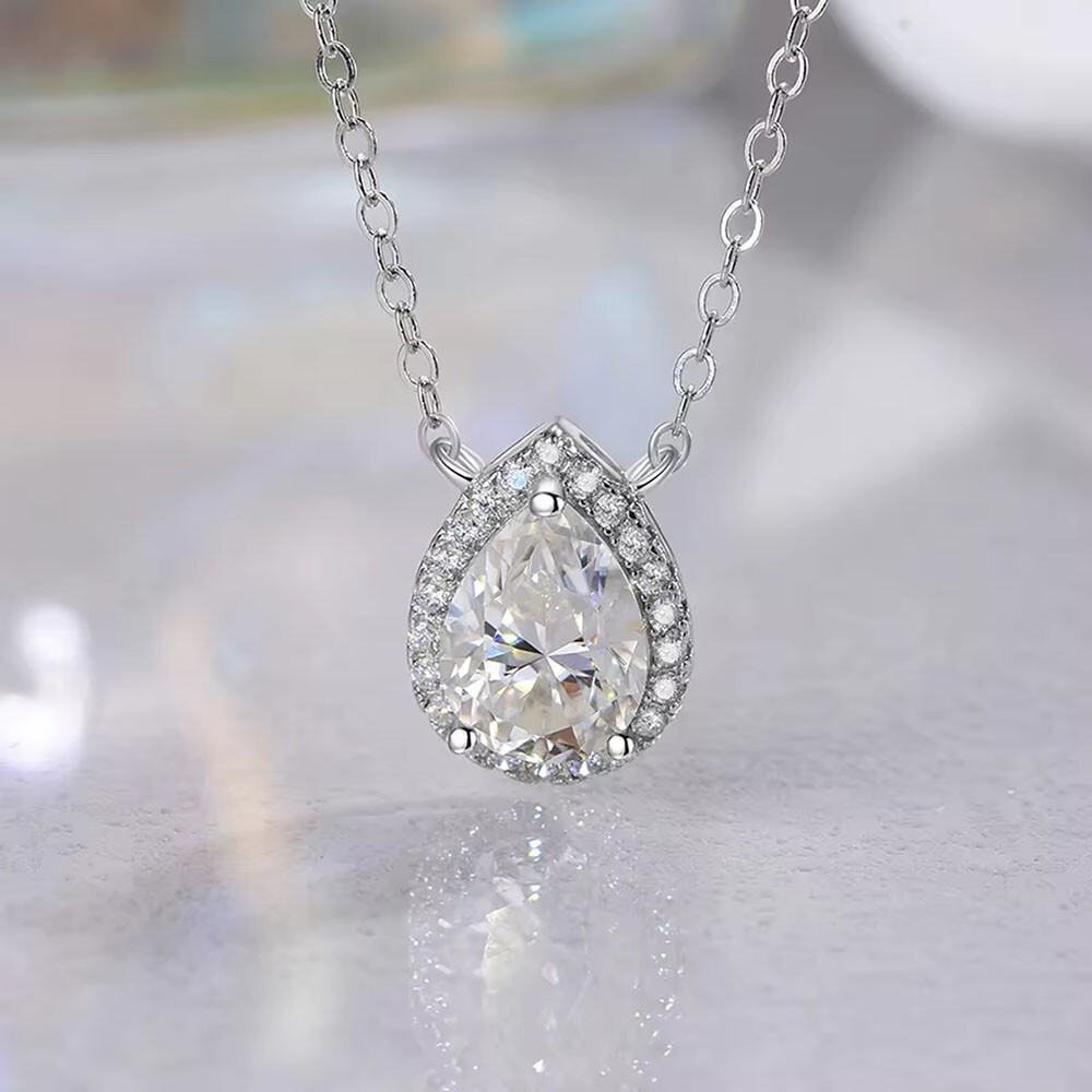 2.30 Ctw D/FL Brilliant Moissanite 14K White Gold Over Water Drop Necklace 18″