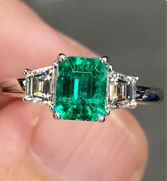Sparkle Green Emerald Cut Simulated Emerald & Moissanite 10K White Gold Ring
