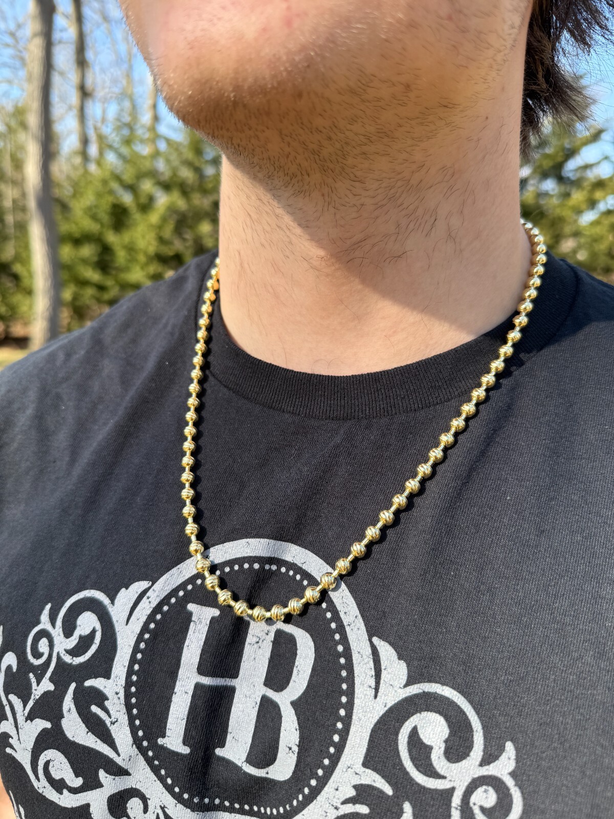 6mm Ball Bead Chain Moon Cut Dog Tag Mens Necklace 14k Gold Over 925 Silver