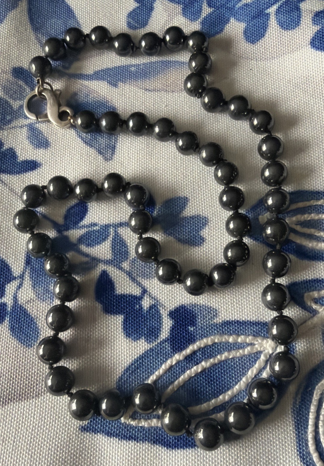 Vintage Hematite Beaded Necklace With A Large 925 Lobster Clasp Hand Knotted H12