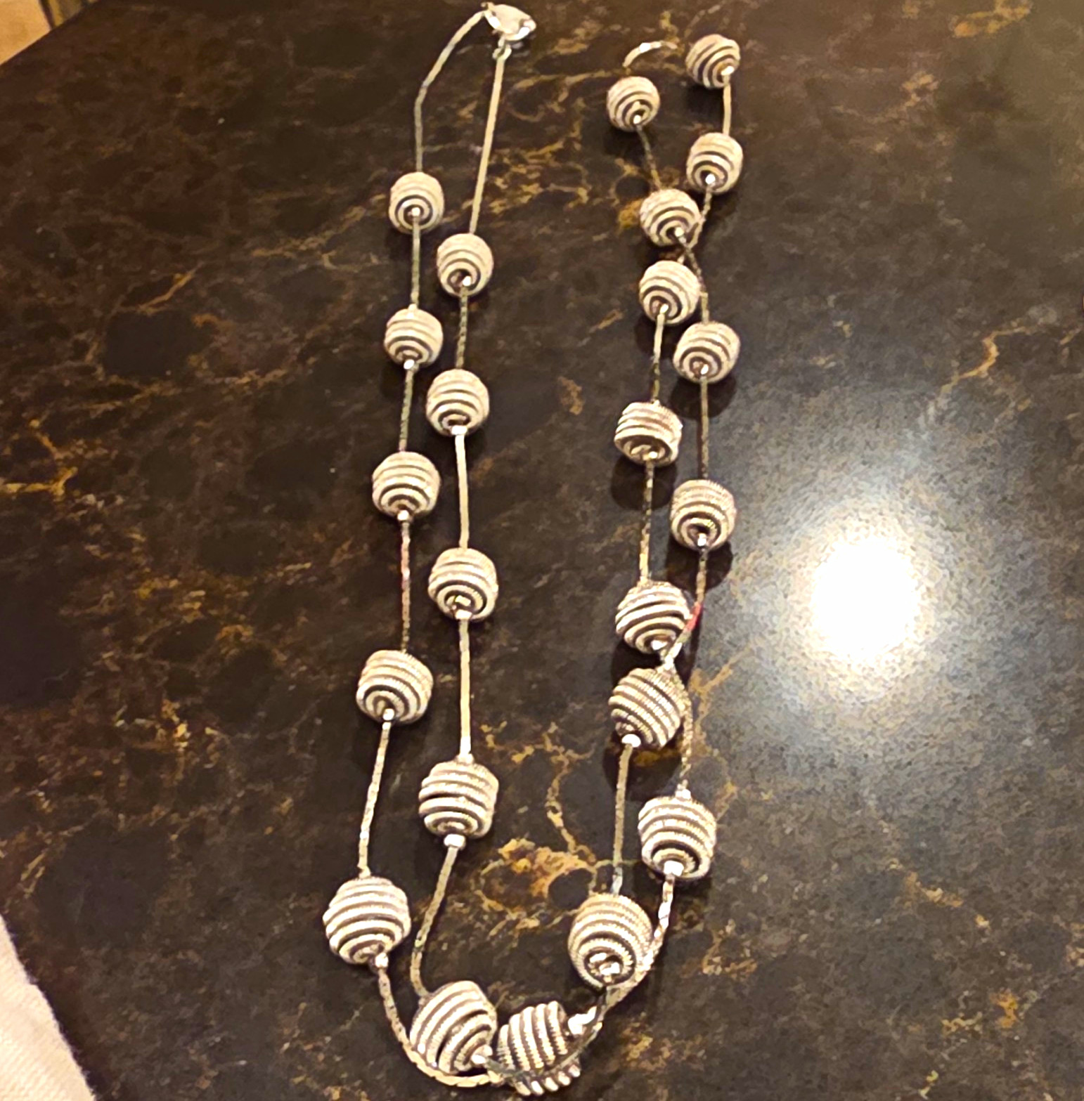 Trifari T M Signed Silver Tone Coiled Wire Bead Long Necklace