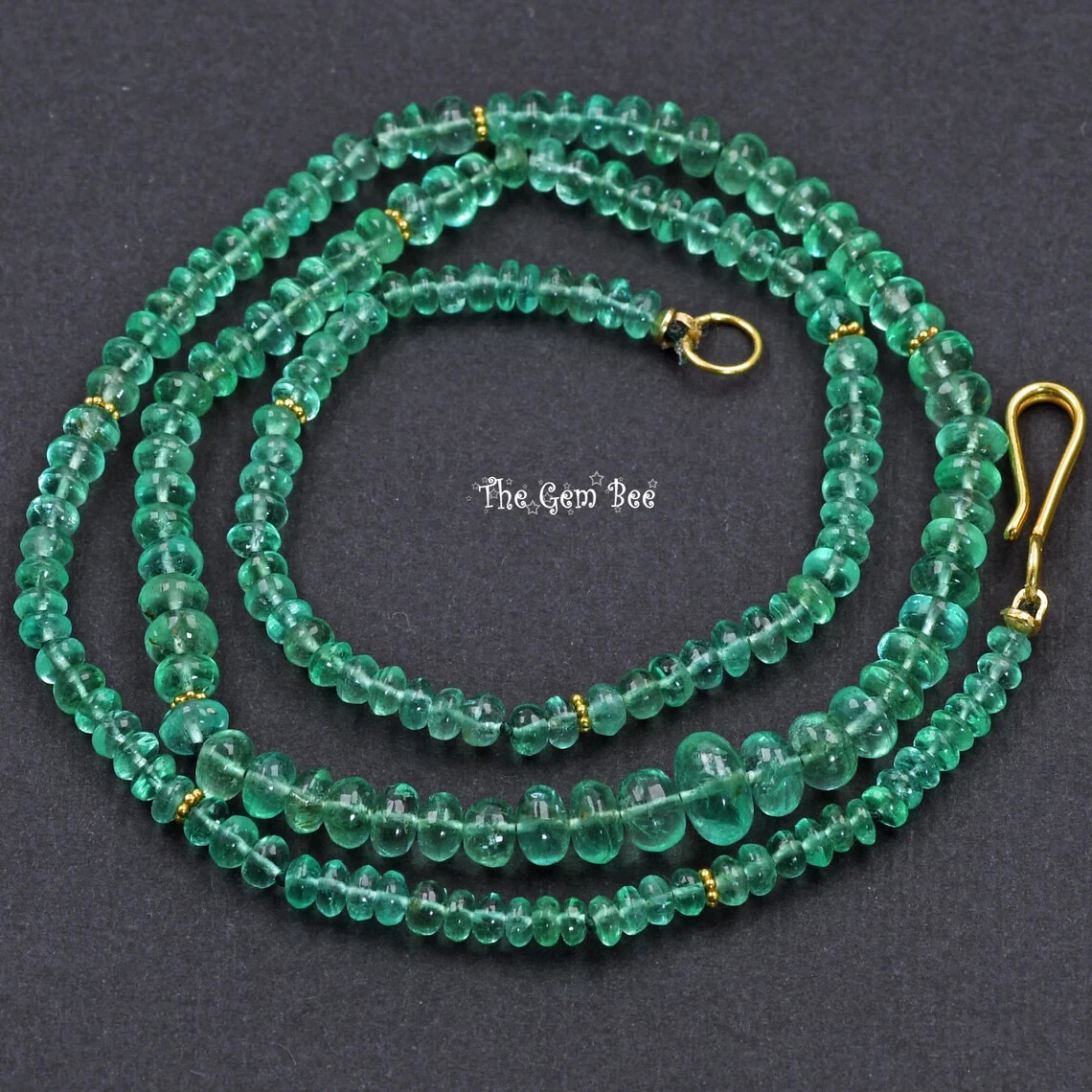 3.2-7.2mm Colombian Emerald Smooth Rondelle Bead 18K Yellow Gold 17.5″ Necklace