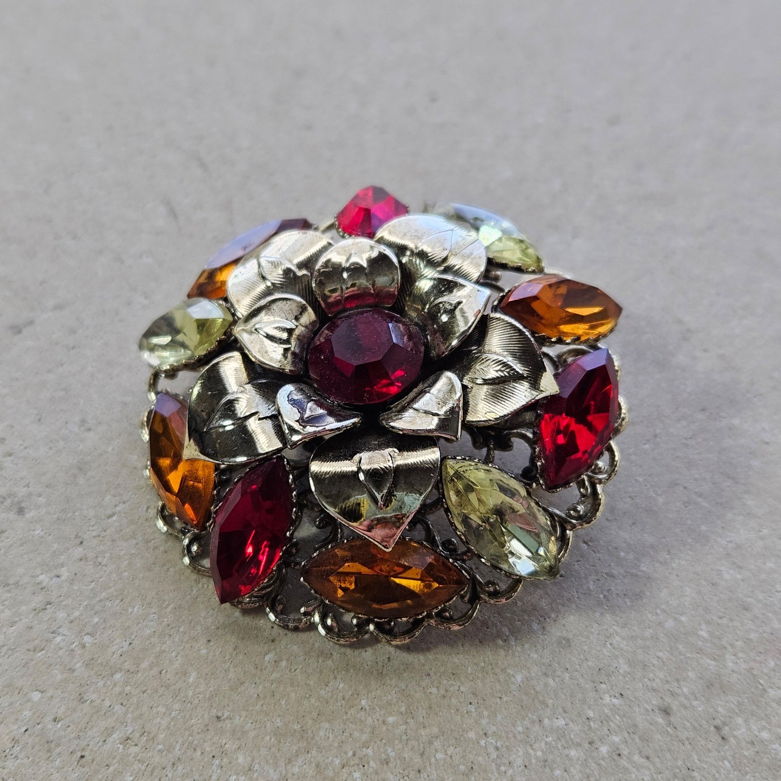 Vtg 50s 60s Gold Tone Floral Rhinestone Brooch Red Amber Yellow Flower Pin