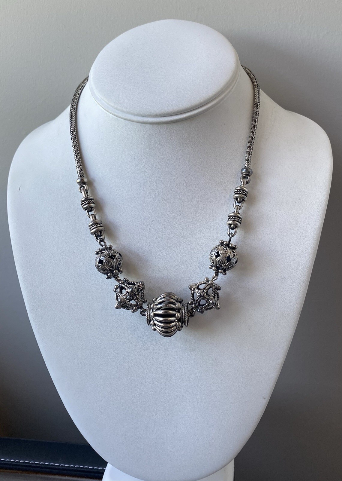 Vtg SUARTI Sterling Silver 925 BA Bali Ornate Beads Wheat Chain 16” Necklace 64g