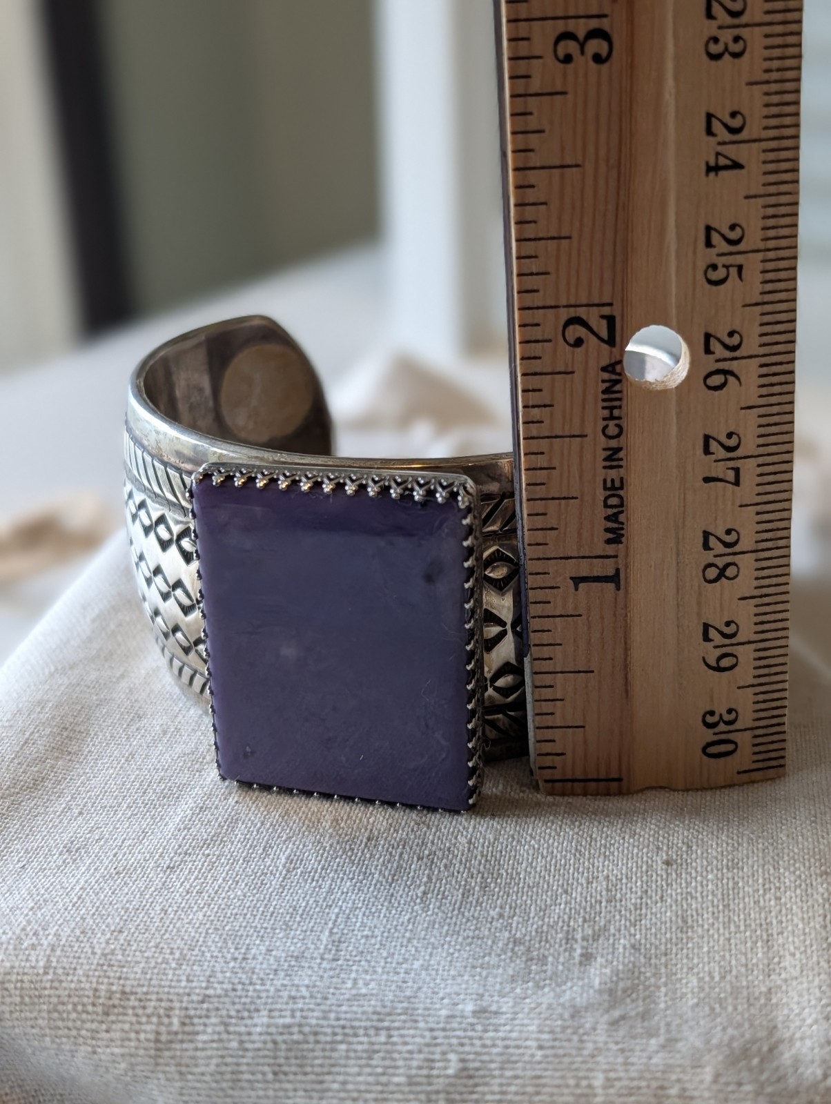 Gary S. Custer Navajo Sterling Charoite Cuff 114g Hand-Stamped 1⅜” Wide