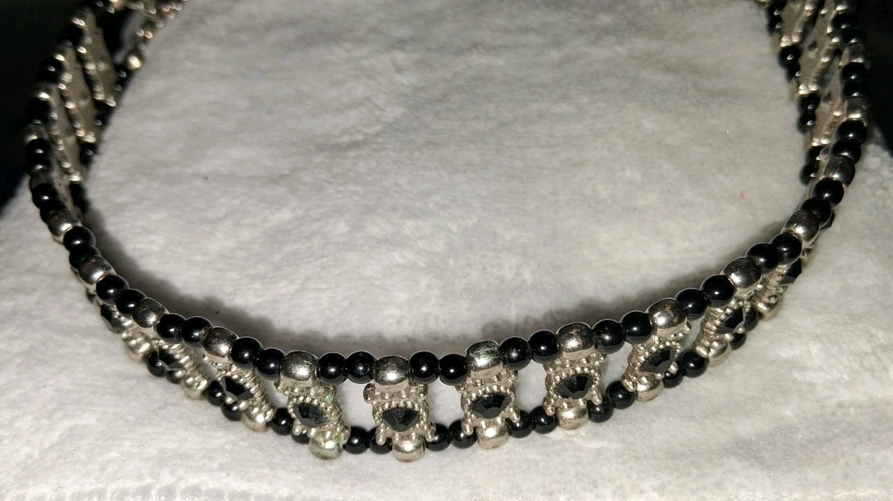 Vtg Gothic Black Beaded Panel Choker Necklace Silver Tone Victorian Rhinestone