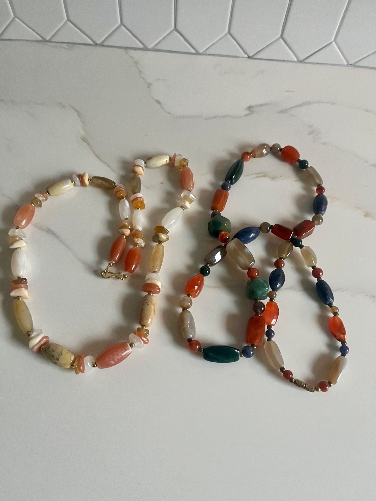 Lot of 2 Vintage Multi Color Agate Quartz Beads Various Gemstones Necklaces