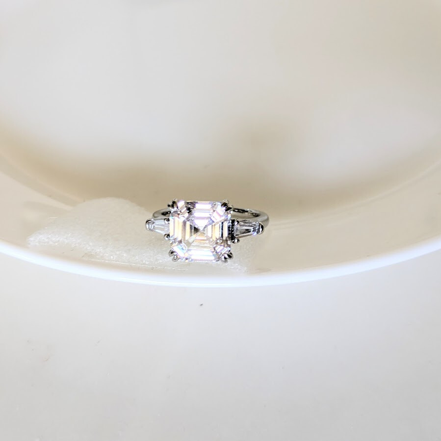 QVC Diamonique Epiphany Platinum Clad 3 Stone 3 Ct. Asscher Cut Ring -Sz 7 1/2-8