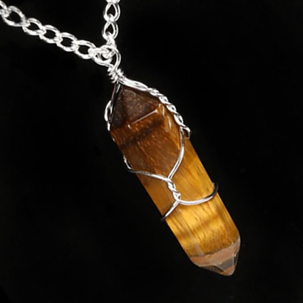 Wire Wrapped Tiger Eye Point Pendant Chakra Crystal Pendant Silver Wrap Necklace