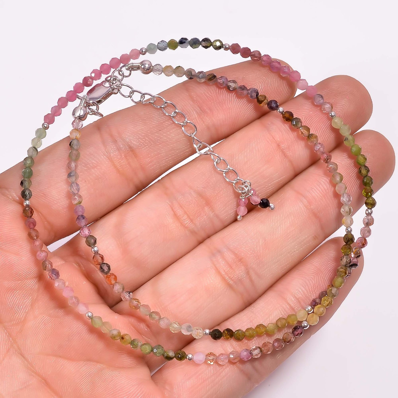Natural Multi Tourmaline 925 Sterling Silver Beads Necklace 16-18.5″ P-931