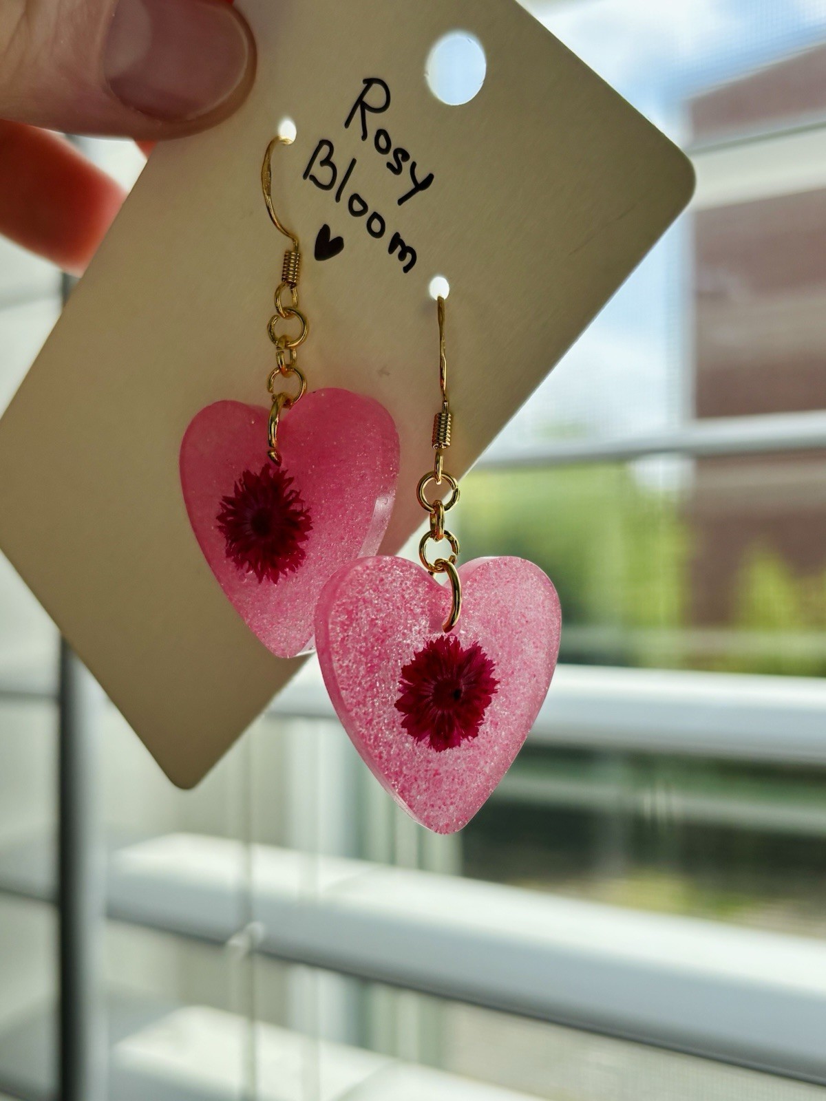 Rosy Bloom Resin Heart Earrings Handmade Real Dried Flower Pink Botanical