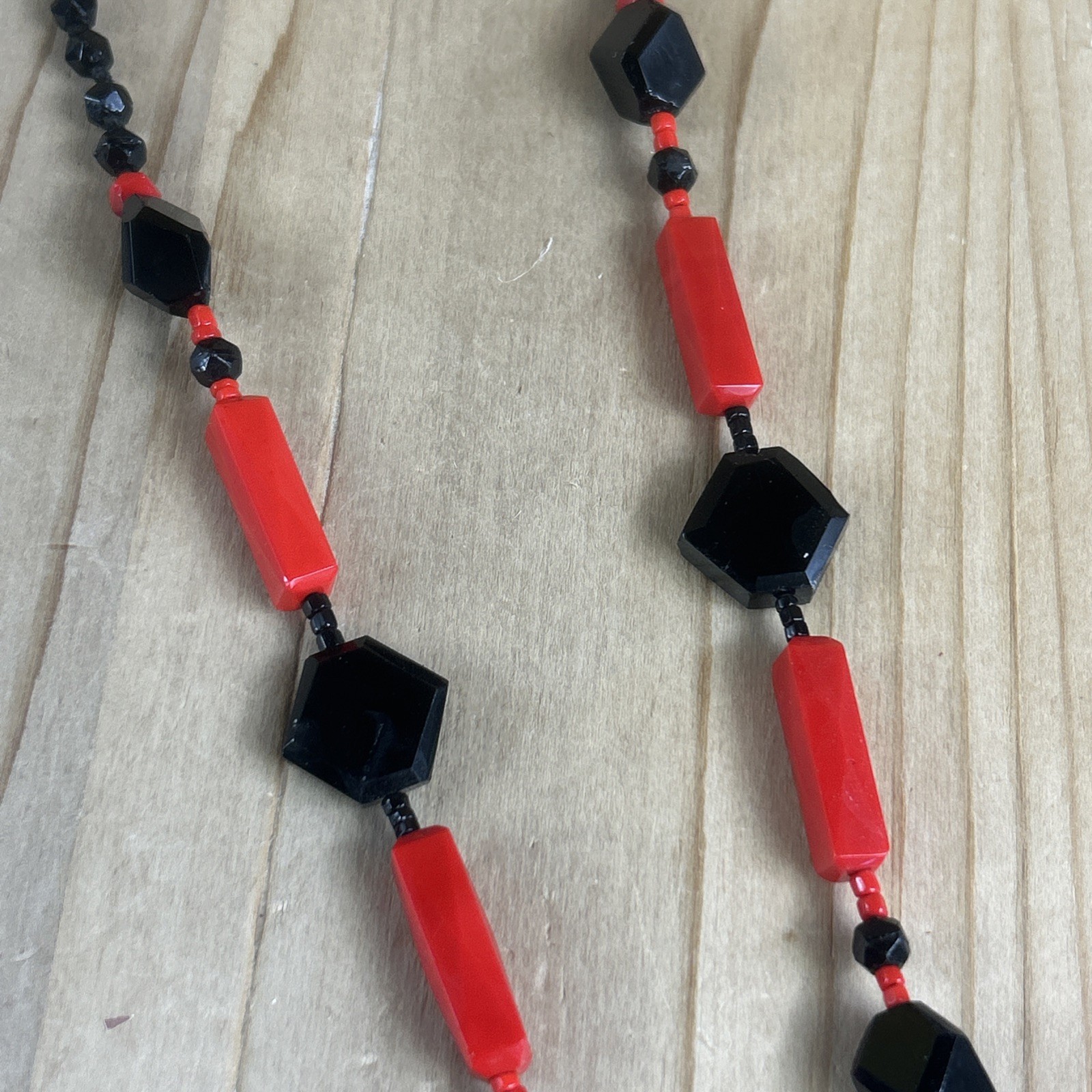 Beaded Tassel Necklace 30” Black Red