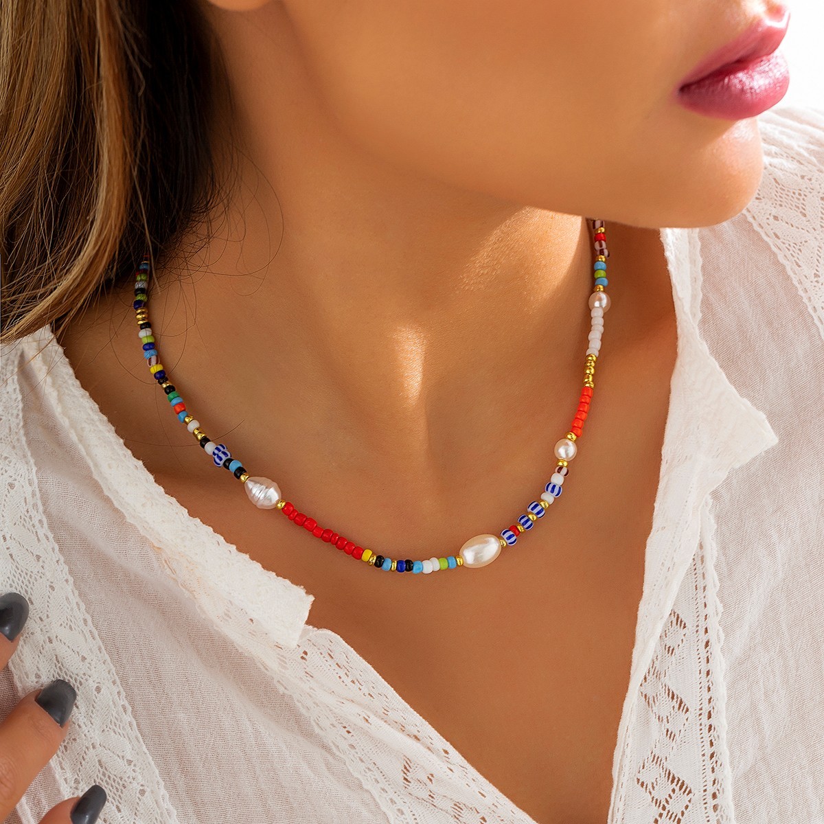 Korean Colorful Seed Bead Choker Necklace Women Simulated Pearl Boho Jewelry