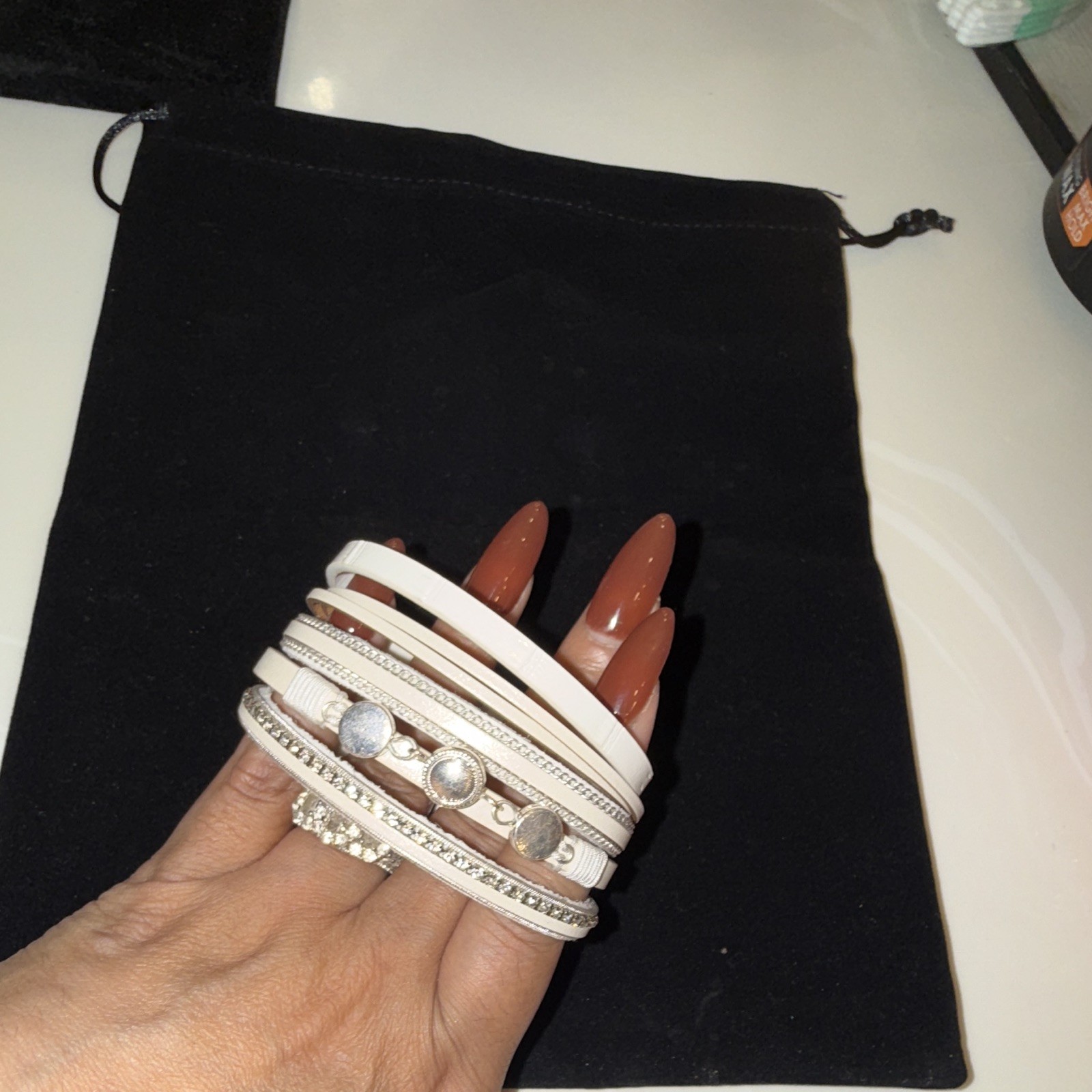 White Faux Leather Multi-Strand Wrap Cuff Bracelet, Clear Crystal, Magnetic