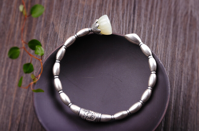 I03 Silver 925 Rice Grain Effect Lotus Flower White Jade Bangle Bracelet