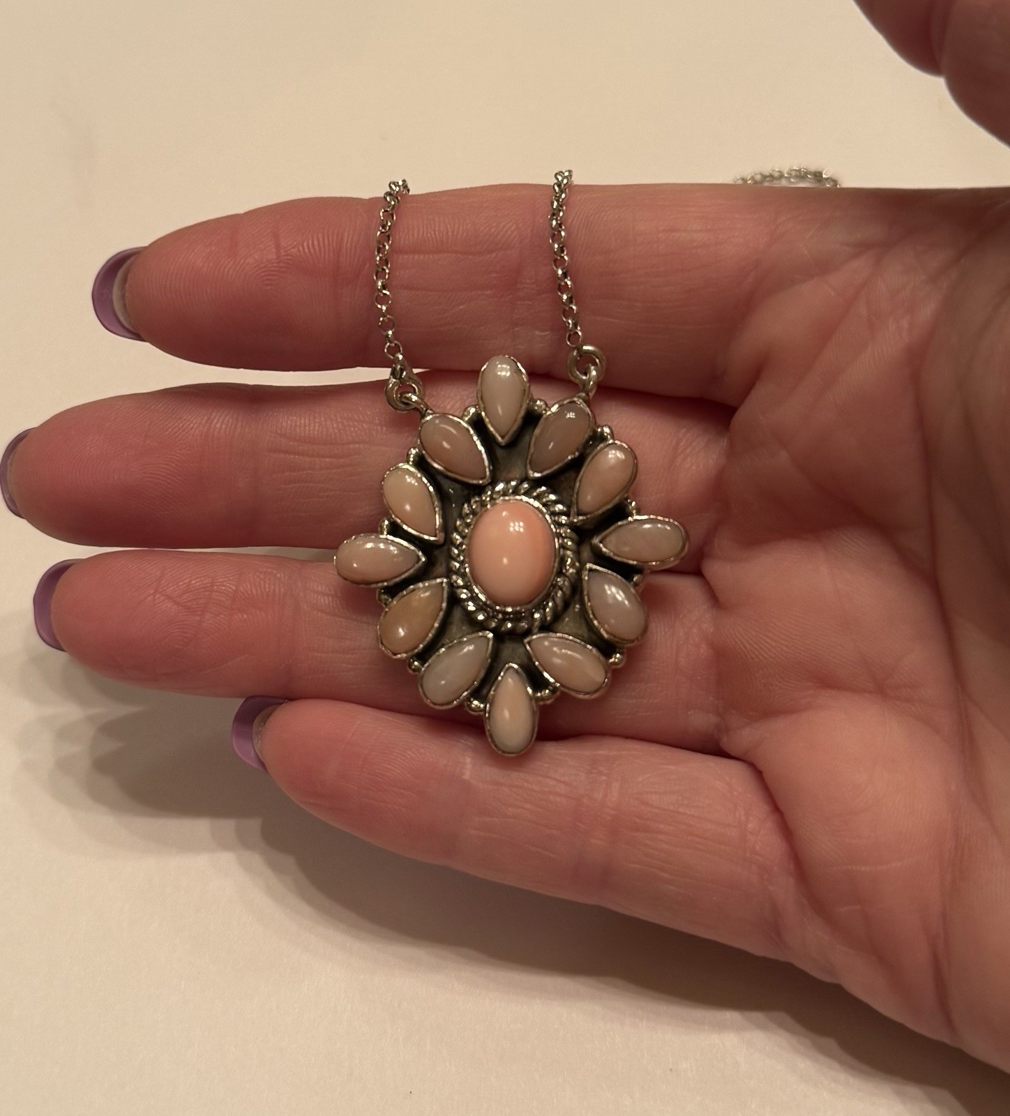 Sterling Silver Pink Opal Necklace 13 Stones Stamped 925 Adj 20” at Longest