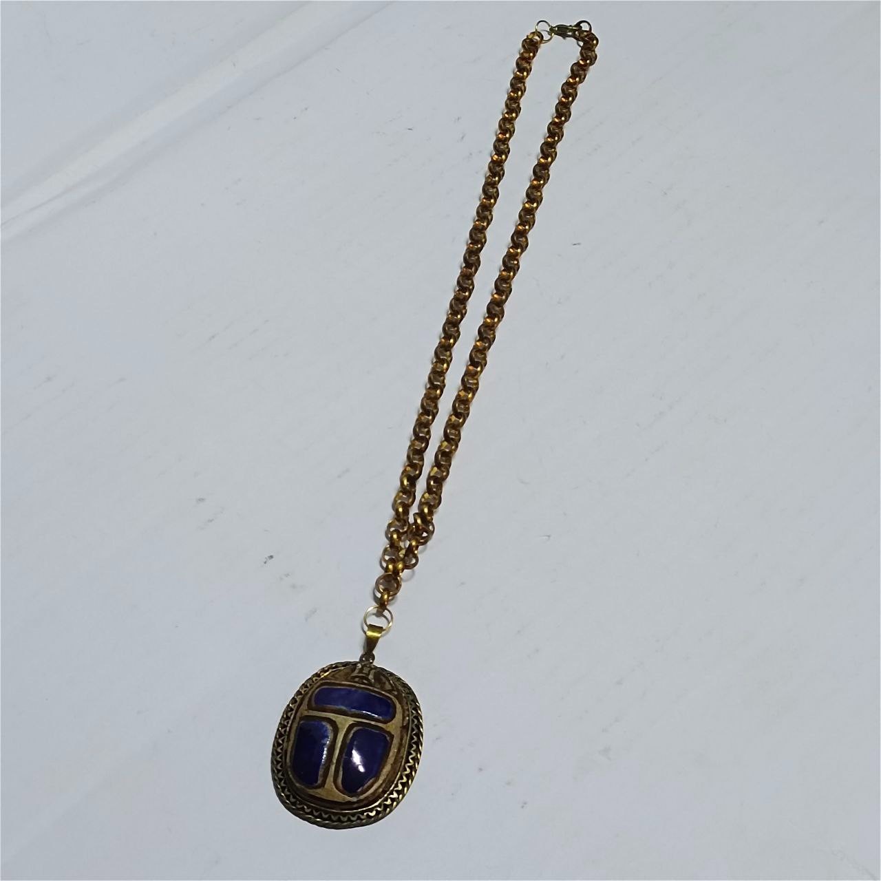 Vintage copper necklace with blue scarab pendant, ancient Egyptian style unique