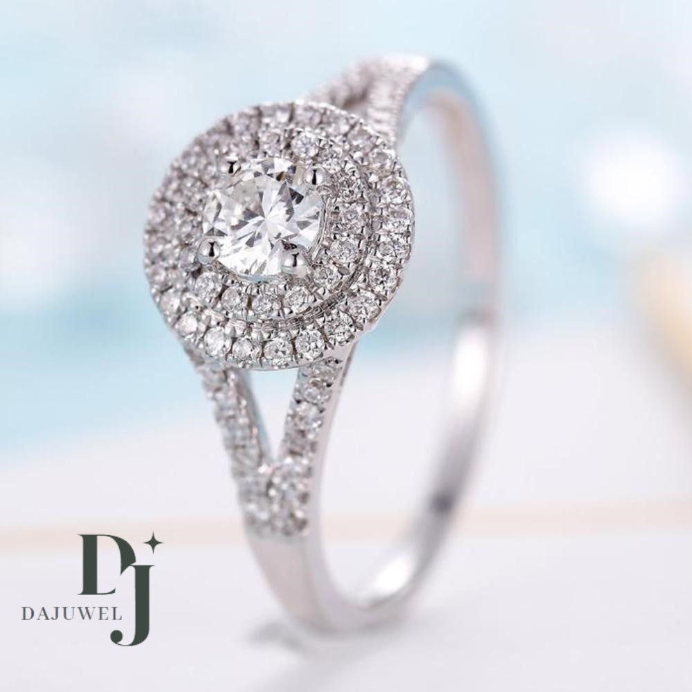 Moissanite Double Halo Engagement Ring 2.65 Carat Round Cut Solid 14K White Gold