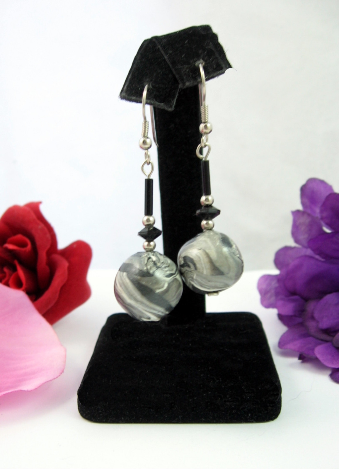 EARRINGS Vintage Pierced GRAY White BLACK MARBLED Beads Handmade Dangle Wires