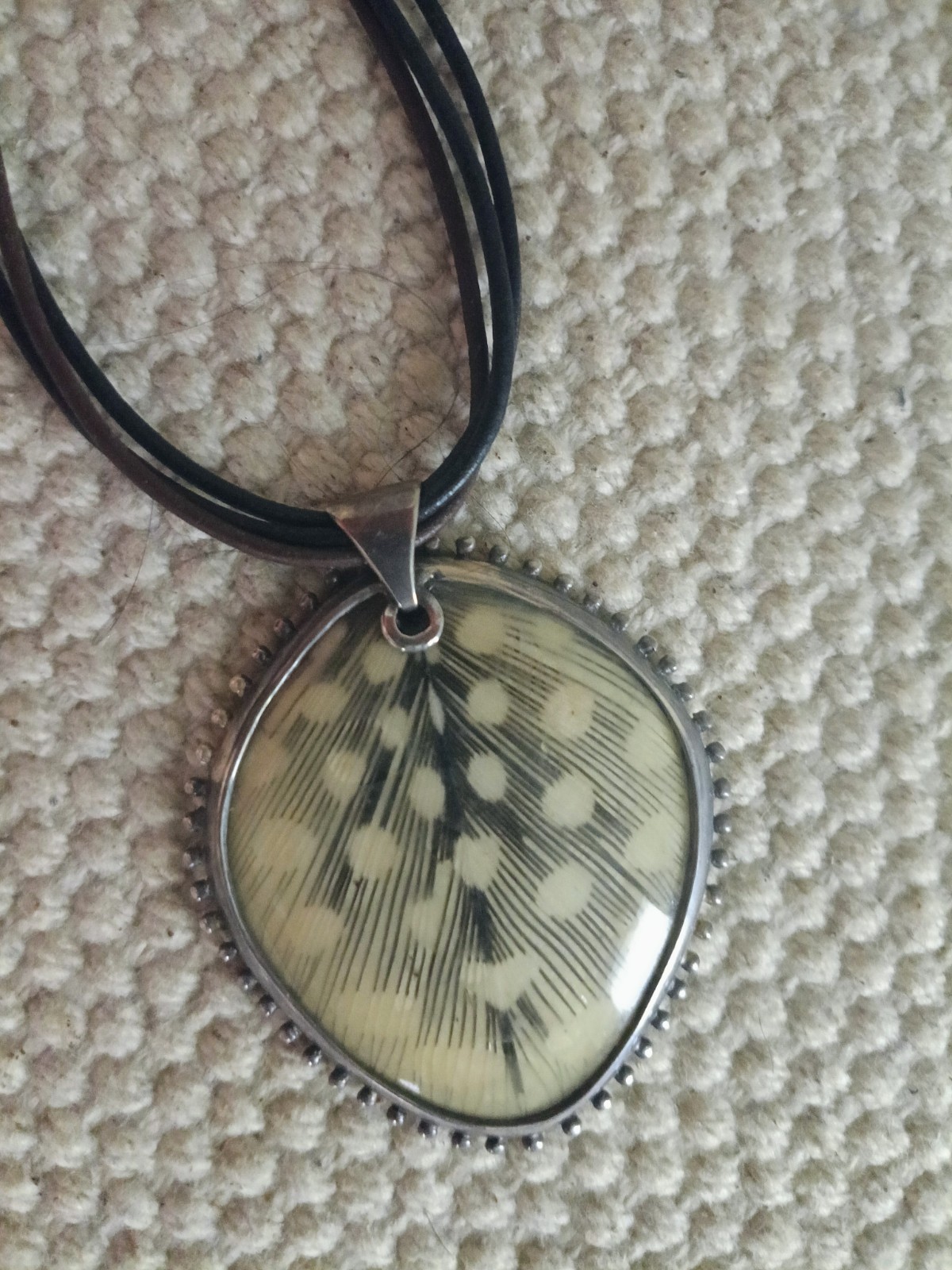 Black Leather Cord Necklace w/ Silver Plated Round Nature Charm, Adjustable