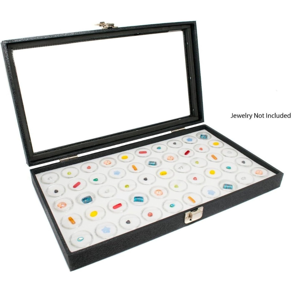 Glass Top Jewelry Display Case Box White 50 Gem Jars Insert