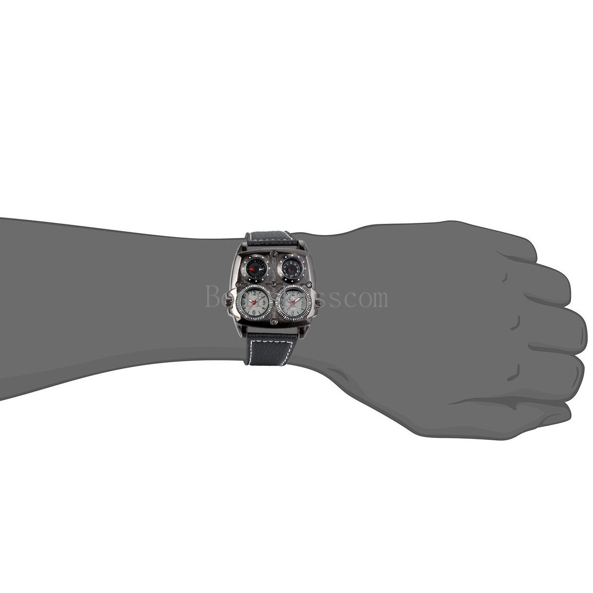 Military Army Dual Time Zones Movements Quartz Watch Black Leather Sports Mens