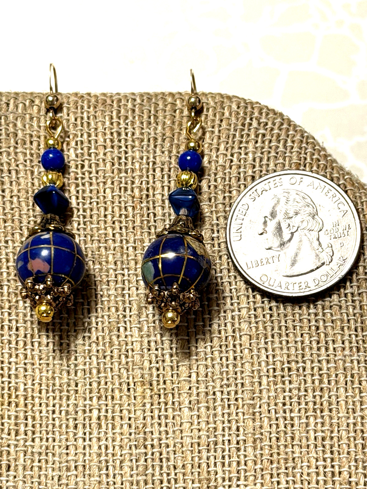 NEW ITEM*VTG. 12MM BLUE LAPIS GEMSTONE INTARSIA GLOBE EARRINGS-14K EAR WIRES-NEW