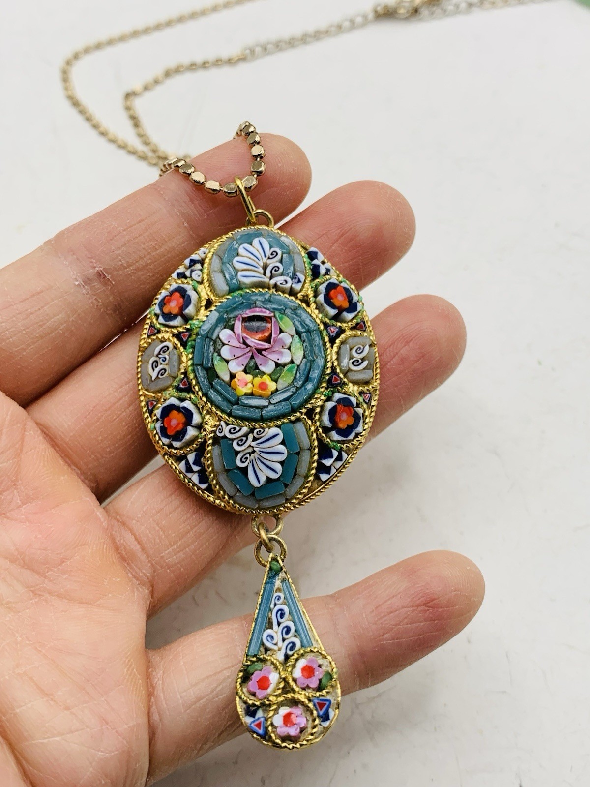 Vintage Colorful Boho Italian Micro mosaic Millefiori Floral Gold Tone Necklace