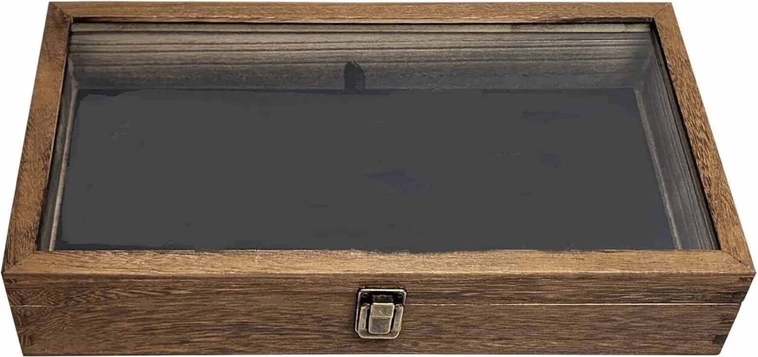 Gun Display Case Brown Wood Handgun Pistol Revolver Glass Lock Knife Shadow Box