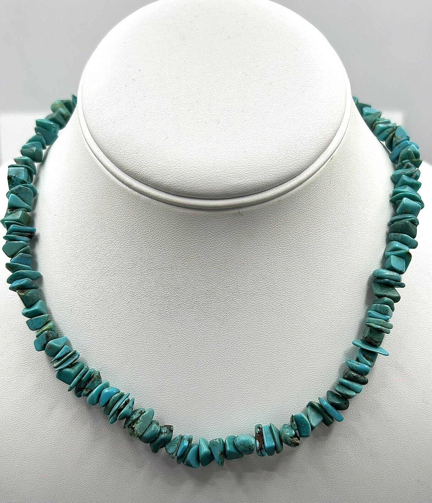 Vtg Turquoise Nugget Wafer Bead Chip Sterling Silver Necklace 18″