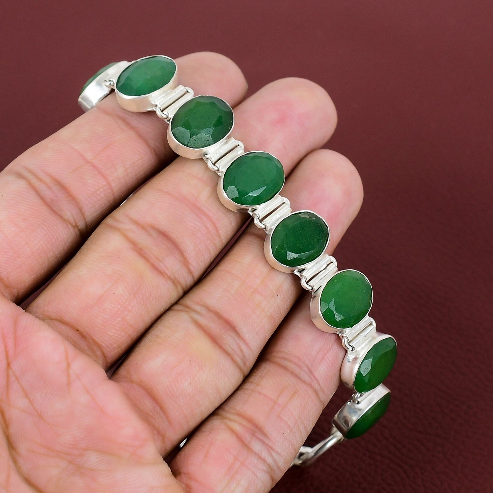 Faceted Zambian Emrald Gemstone Bracelet 925 Sterling Silver Adjustable Bracelet