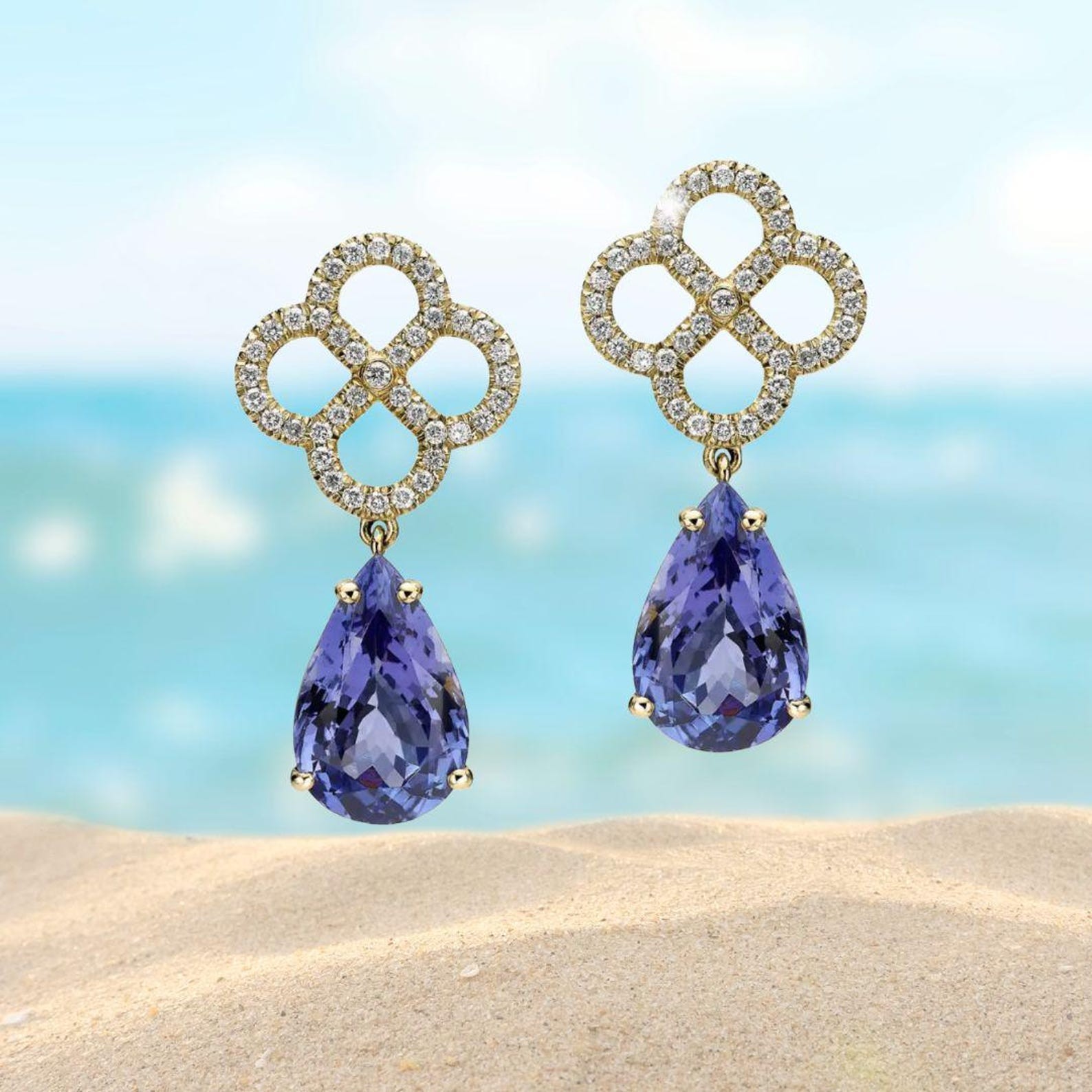 2Ct Pear Natural Tanznite & Diamond Drop Dangel Wedding Gift Earrings 14k Gold
