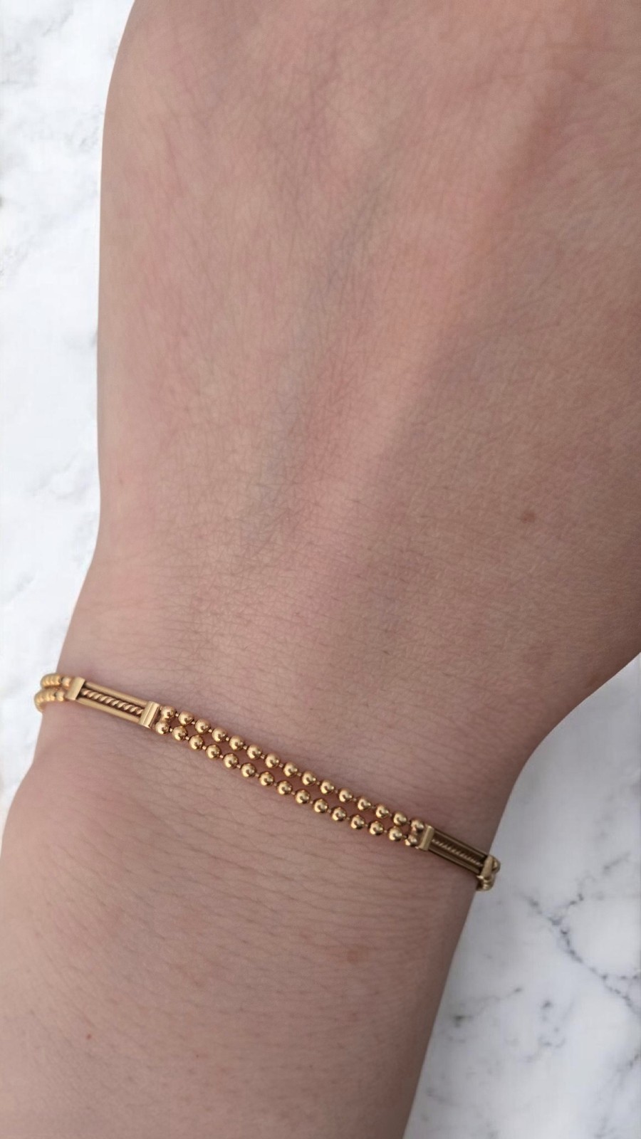 14K Gold Ornate Bar Link Double Chain Beaded Ball Bracelet 585 ITALIAN