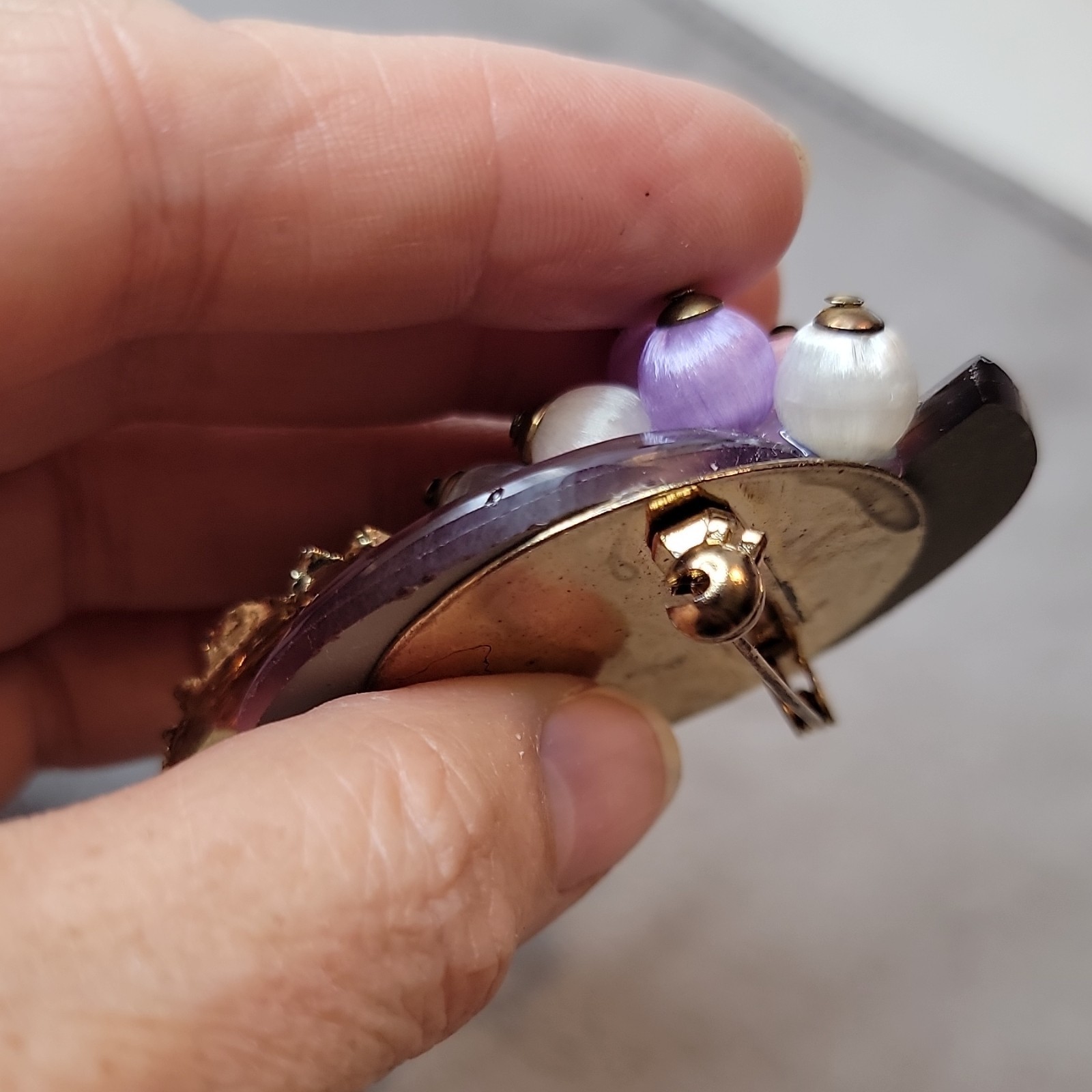Vtg 1950s Lavender Mirror Back Brooch Satin Silk Thread Wrapped Berry Grape Pin