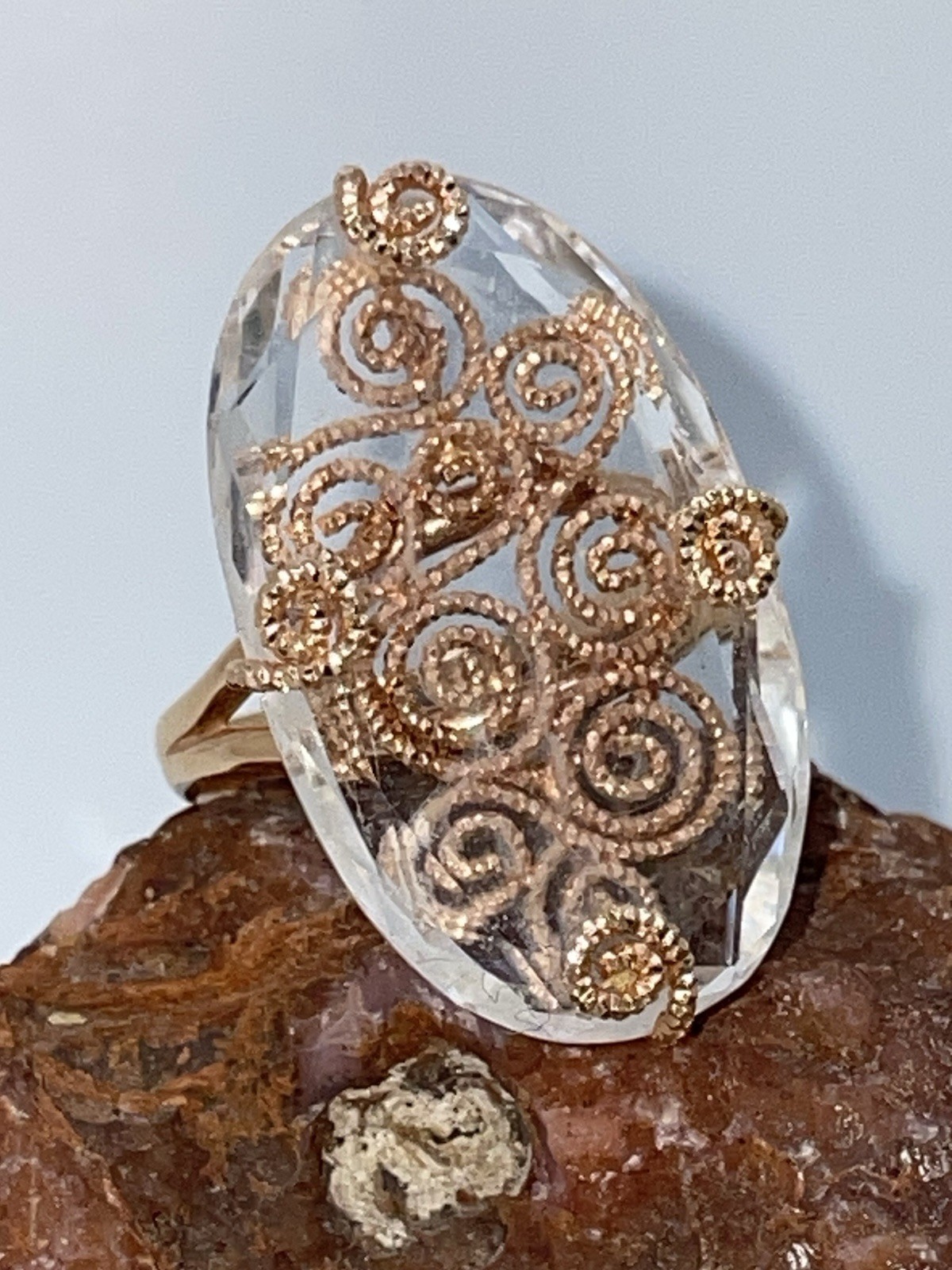 14KT 14K Rose Gold Caged Crystal Filigree RING Statement Italy Milor Size 10.25