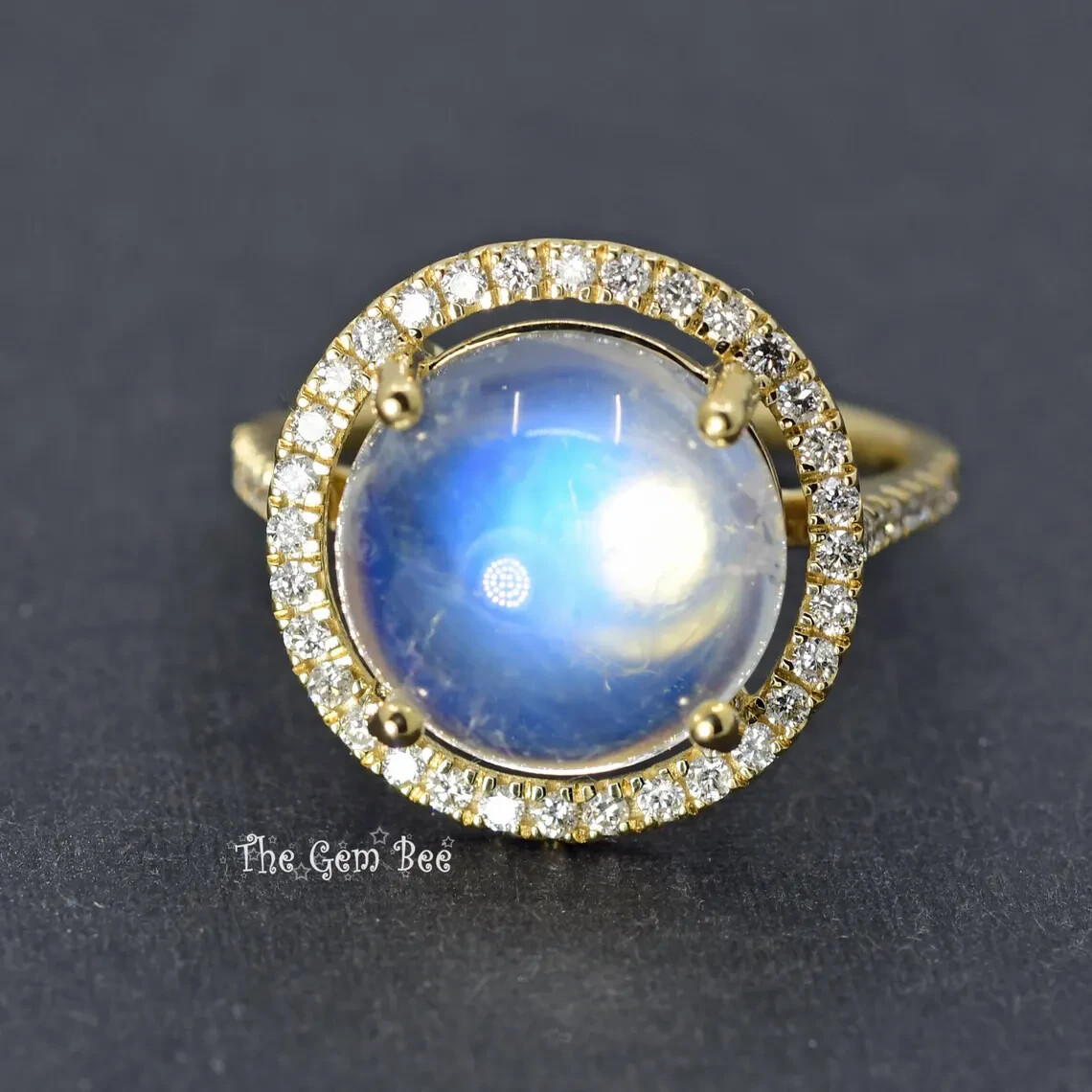 6.5CT 14k Solid Yellow Gold Blue Flash Moonstone Diamond Ring Size 6.75