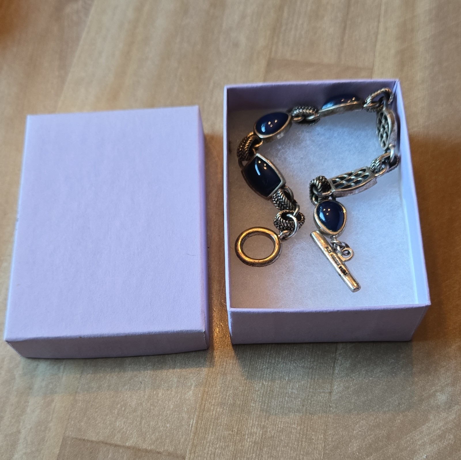 925 Sterling Silver Link Station Bracelet Oval Lapis Lazuli Bezel Toggle