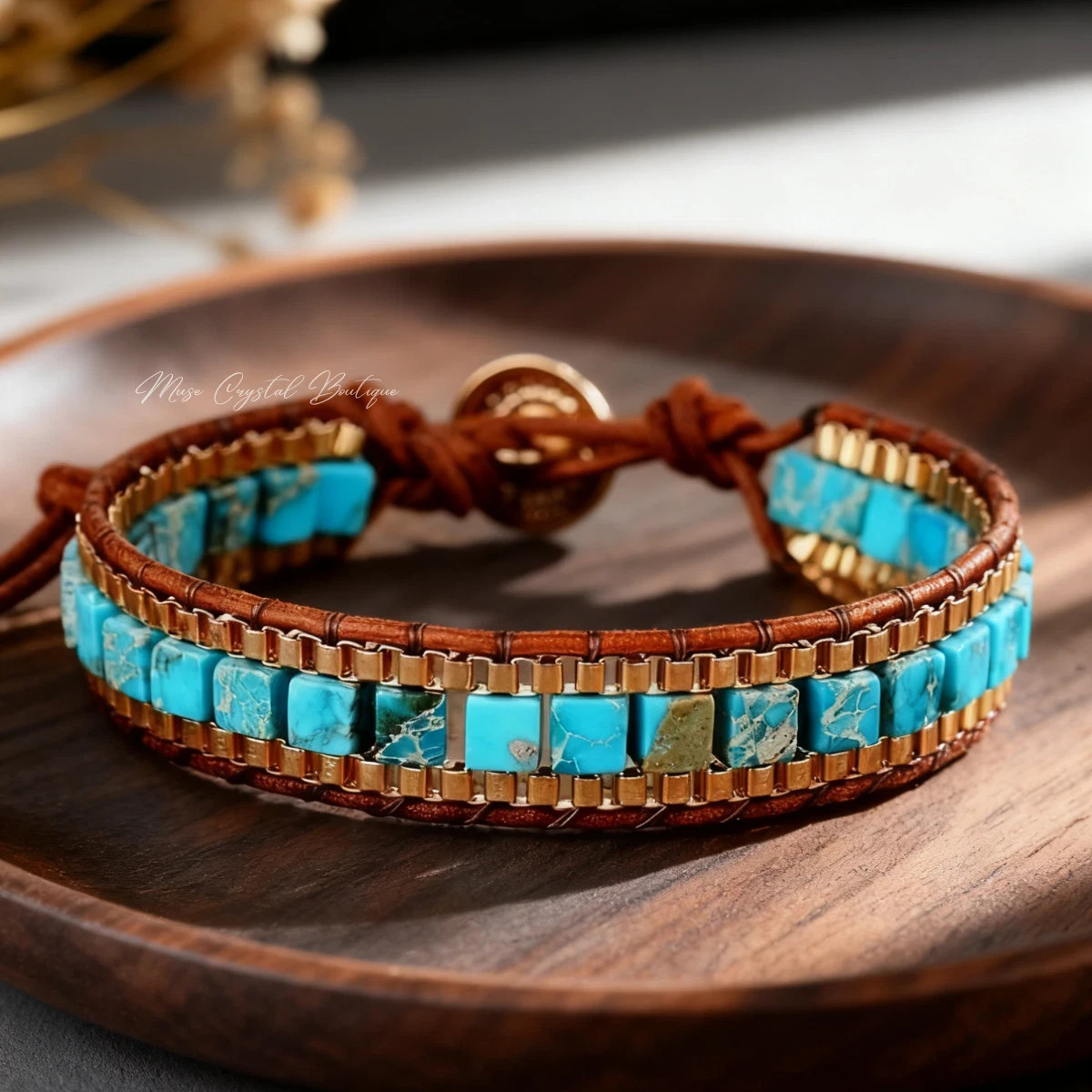 Natural Turquoise Leather Bracelet For Men Women Braided Boho Gemstone Jewelry