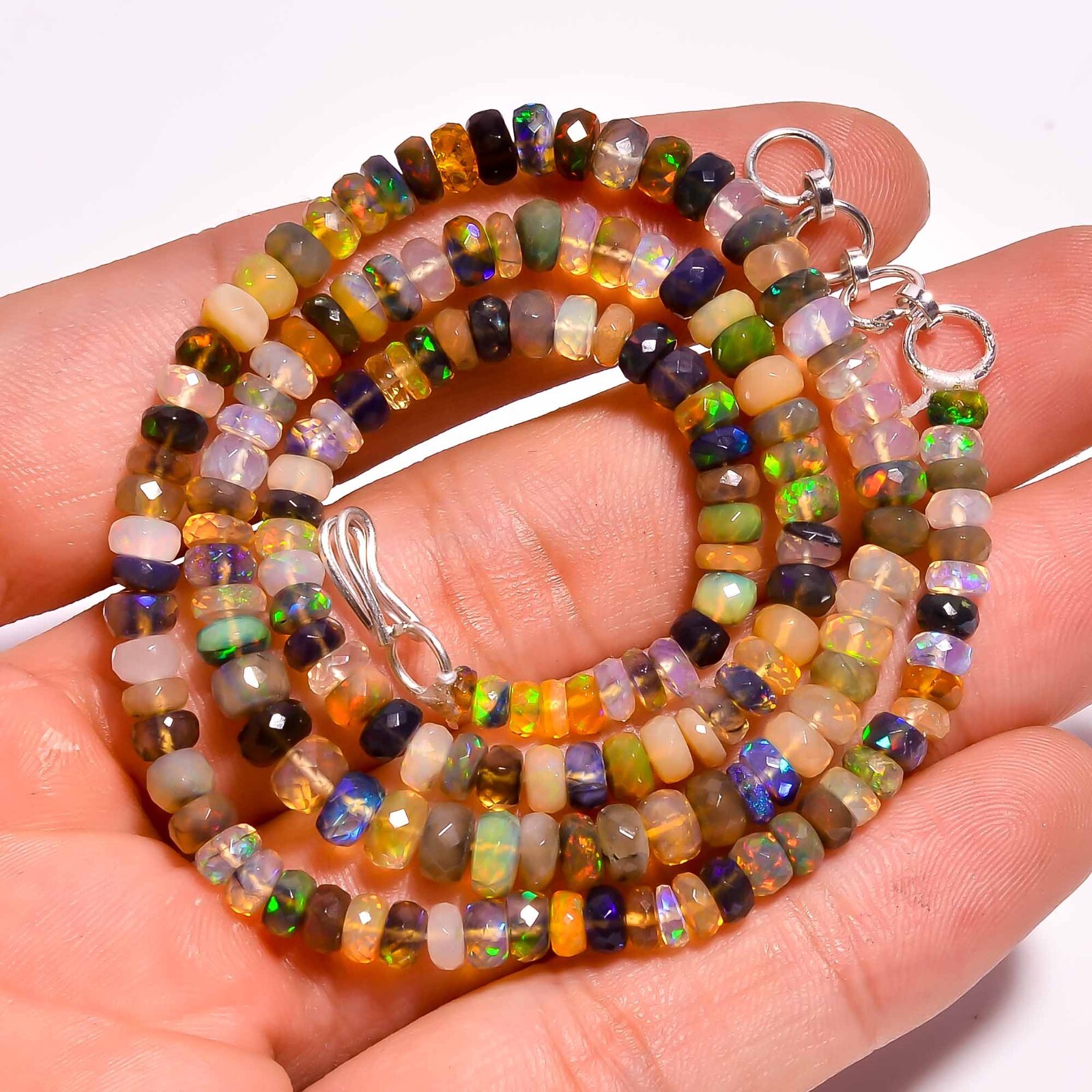 50.5 Ct. AAA Multi Ethiopian Opal Rondelle Faceted Beads Necklace 17-18″ A-3441