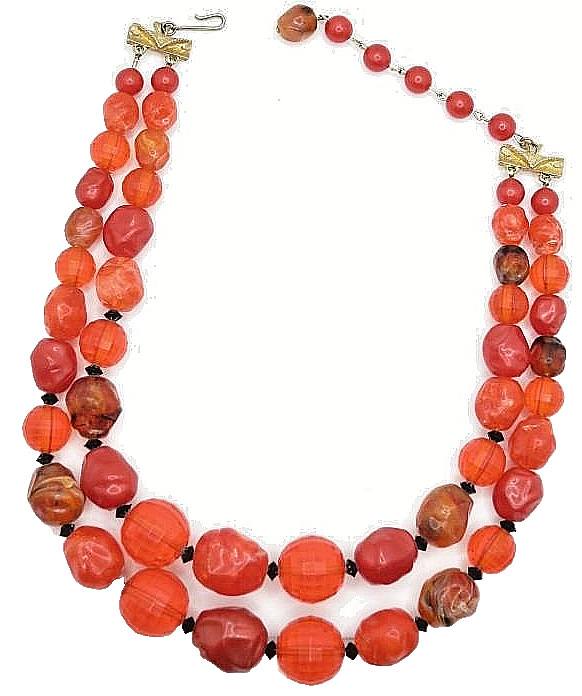 Gorgeous Signed Coro 2 Strand Beaded Choker Necklace Lucite Vintage Red Orange